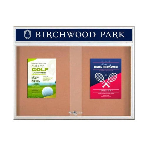 48 x 36 Indoor Bulletin Cork Boards with Personalized Header & Lights (RADIUS EDGE) (2 Sliding Glass Doors)