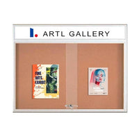 50 x 40 Indoor Bulletin Cork Boards with Personalized Header & Lights (RADIUS EDGE) (2 Sliding Glass Doors)