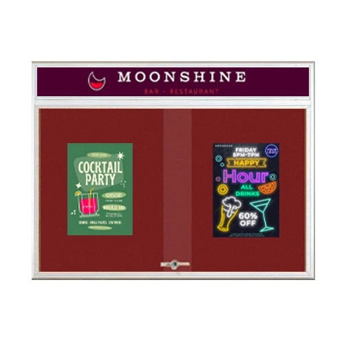 60 x 24 Indoor Bulletin Cork Boards with Personalized Header & Lights (RADIUS EDGE) (2 Sliding Glass Doors)