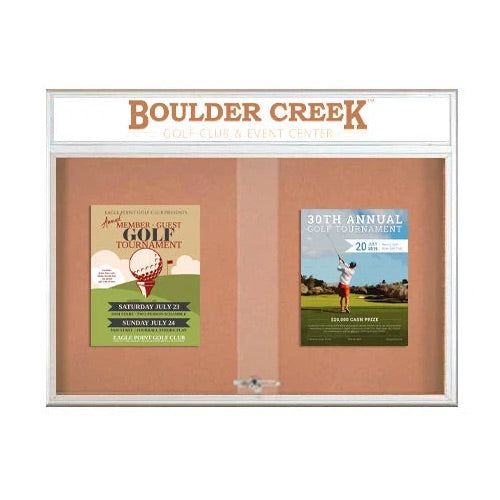60 x 36 Indoor Bulletin Cork Boards with Personalized Header & Lights (RADIUS EDGE) (2 Sliding Glass Doors)