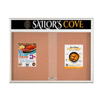 60 x 40 Indoor Bulletin Cork Boards with Personalized Header & Lights (RADIUS EDGE) (2 Sliding Glass Doors)