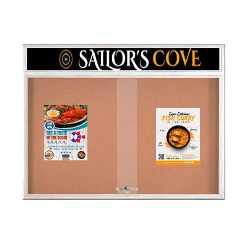 60 x 40 Indoor Bulletin Cork Boards with Personalized Header & Lights (RADIUS EDGE) (2 Sliding Glass Doors)