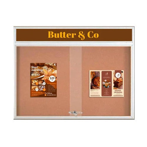 60 x 48 Indoor Bulletin Cork Boards with Personalized Header & Lights (RADIUS EDGE) (2 Sliding Glass Doors)