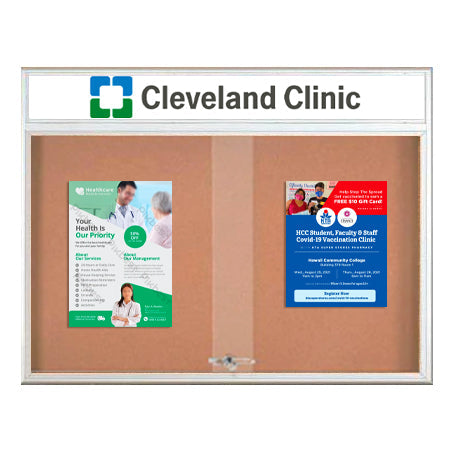 72 x 24 Indoor Bulletin Cork Boards with Personalized Header & Lights (RADIUS EDGE) (2 Sliding Glass Doors)