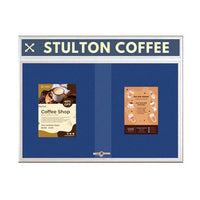 72 x 30 Indoor Bulletin Cork Boards with Personalized Header & Lights (RADIUS EDGE) (2 Sliding Glass Doors)