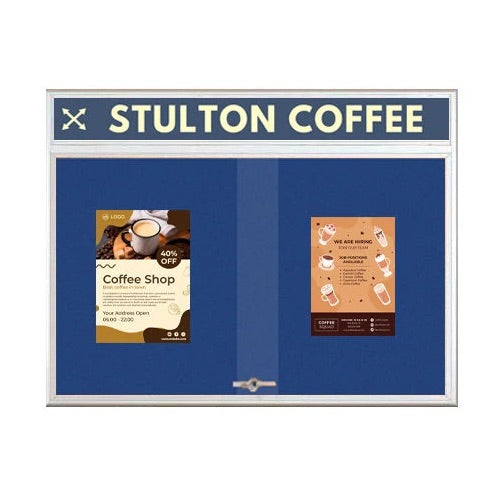 72 x 30 Indoor Bulletin Cork Boards with Personalized Header & Lights (RADIUS EDGE) (2 Sliding Glass Doors)