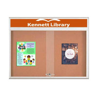 72 x 36 Indoor Bulletin Cork Boards with Personalized Header & Lights (RADIUS EDGE) (2 Sliding Glass Doors)