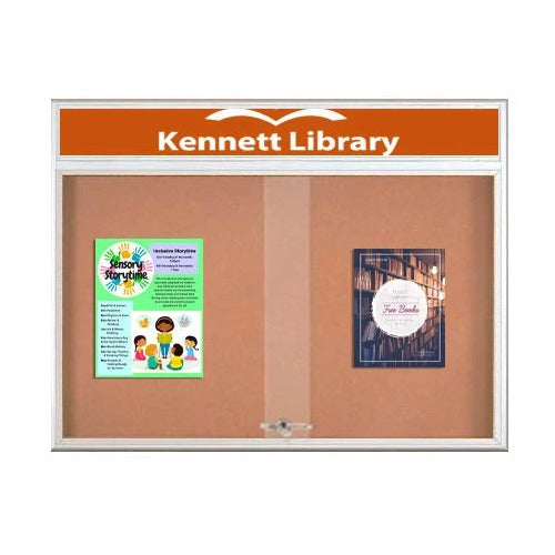 72 x 36 Indoor Bulletin Cork Boards with Personalized Header & Lights (RADIUS EDGE) (2 Sliding Glass Doors)