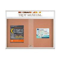 84 x 30 Indoor Bulletin Cork Boards with Personalized Header & Lights (RADIUS EDGE) (3 Sliding Glass Doors)