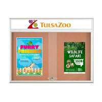 84 x 36 Indoor Bulletin Cork Boards with Personalized Header & Lights (RADIUS EDGE) (3 Sliding Glass Doors)
