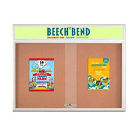 96 x 24 Indoor Bulletin Cork Boards with Personalized Header & Lights (RADIUS EDGE) (3 Sliding Glass Doors)