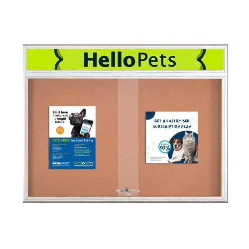 96 x 30 Indoor Bulletin Cork Boards with Personalized Header & Lights (RADIUS EDGE) (3 Sliding Glass Doors)