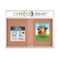96 x 36 Indoor Bulletin Cork Boards with Personalized Header & Lights (RADIUS EDGE) (3 Sliding Glass Doors)