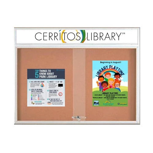 96 x 36 Indoor Bulletin Cork Boards with Personalized Header & Lights (RADIUS EDGE) (3 Sliding Glass Doors)