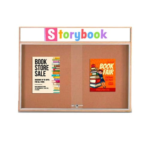 72 x 30 Indoor Enclosed Wood Bulletin Boards with Sliding Glass Doors and Message Header