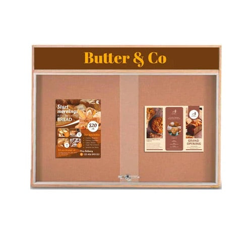72 x 48 Indoor Enclosed Wood Bulletin Board Display Case with Sliding Glass Doors and Your Message Header
