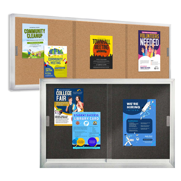 Indoor Bulletin Boards with 2 or 3 Sliding Glass Doors | Classic Mitered Metal Cabinet in 20+ Sizes