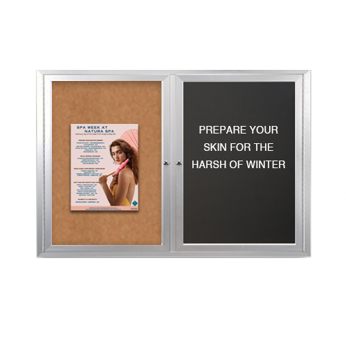 Enclosed 2-Door INDOOR Combo Board 50x50 | Cork Bulletin Board & FELT Letter Board