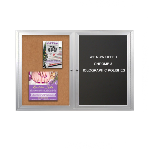 Enclosed 2-Door INDOOR Combo Board 84x24 | Cork Bulletin Board & FELT Letter Board