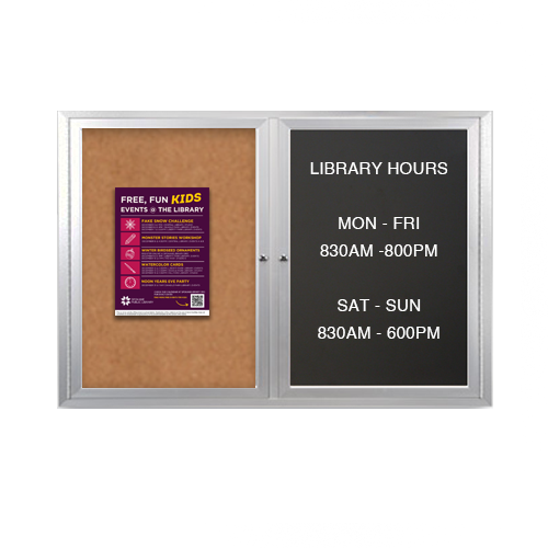 Enclosed 2-Door INDOOR Combo Board 96x30 | Cork Bulletin Board & FELT Letter Board