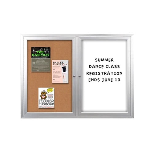 Enclosed 2-Door INDOOR Combo Board 50x40 | Cork Bulletin Board & Dry Erase Marker Board