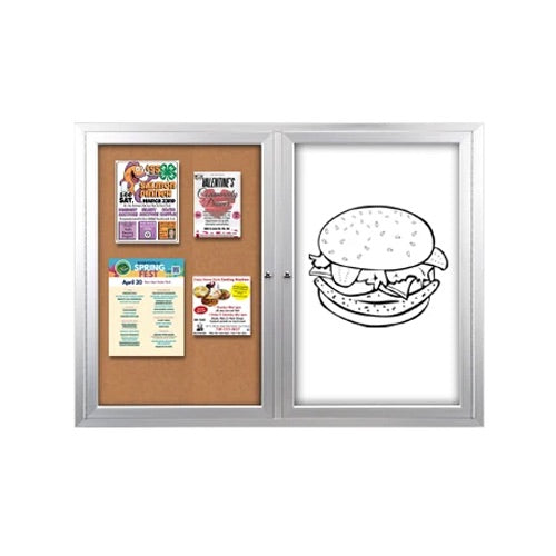 Enclosed 2-Door INDOOR Combo Board 60x36 | Cork Bulletin Board & Dry Erase Marker Board