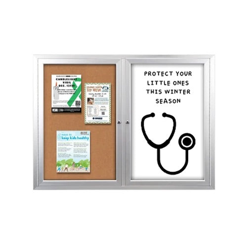 Enclosed 2-Door INDOOR Combo Board 60x40 | Cork Bulletin Board & Dry Erase Marker Board
