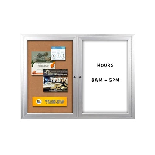 Enclosed 2-Door INDOOR Combo Board 60x48 | Cork Bulletin Board & Dry Erase Marker Board