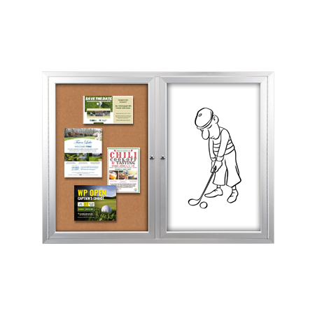 Enclosed 2-Door INDOOR Combo Board 84x30 | Cork Bulletin Board & Dry Erase Marker Board