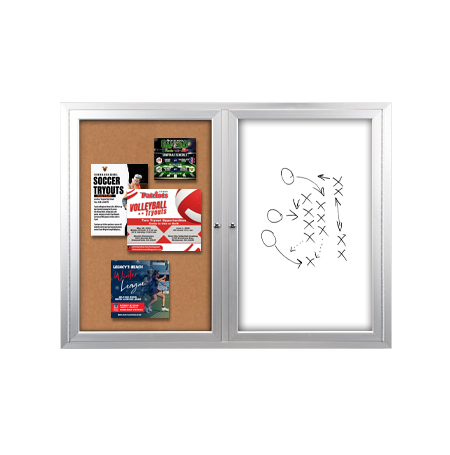Enclosed 2-Door INDOOR Combo Board 96x30 | Cork Bulletin Board & Dry Erase Marker Board