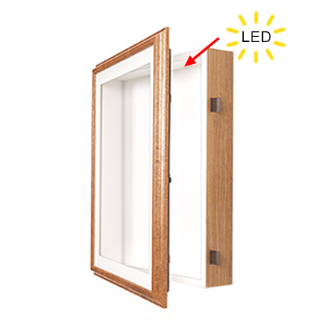 SwingFrame Designer Oak Wood Wall Lighted Display Case 2" Deep