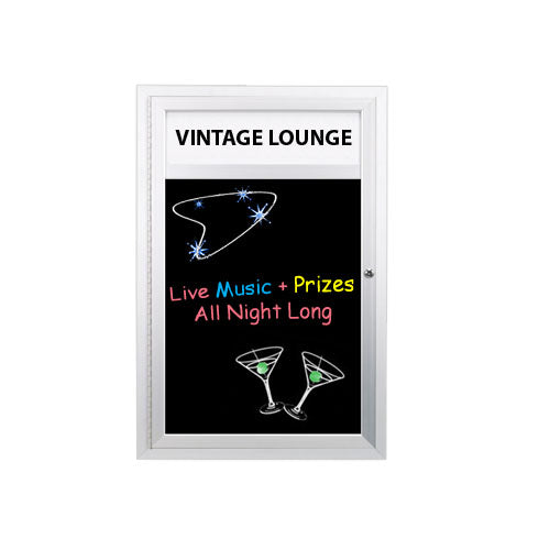 Indoor Wall Mount Enclosed Dry Erase Marker Board Display Case with Personalized Message Header | Melamine Black Board Surface