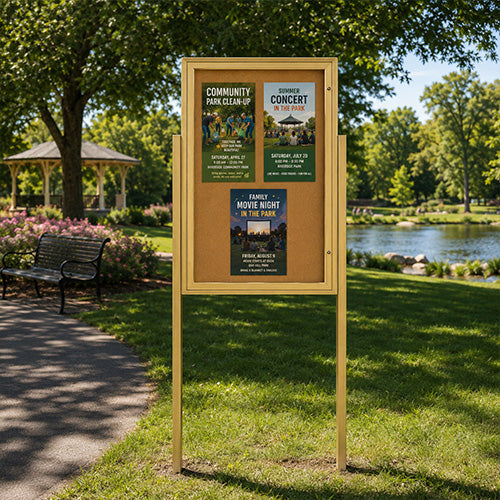 EXTREME WeatherPLUS™ Outdoor Enclosed Bulletin Board Stands with 2 Posts | Single Locking Door SwingCase 15+ Sizes & Custom