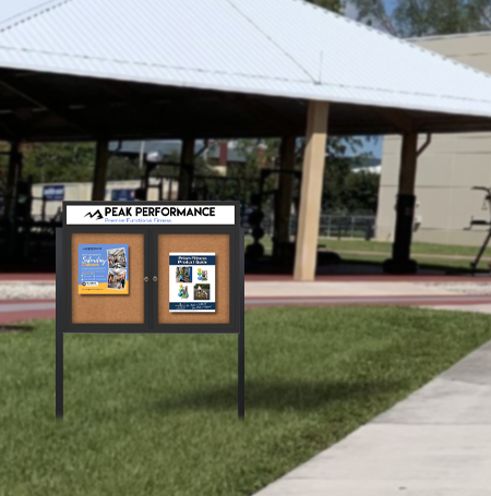 Freestanding Enclosed Outdoor Bulletin Boards 84" x 30" with Message Header and Posts (2 DOORS)