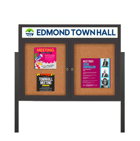 Freestanding 2 Door Enclosed Outdoor Bulletin Boards 40" x 40" Lighted w Message Header on Posts