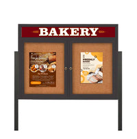 Freestanding 2 Door Enclosed Outdoor Bulletin Boards 60" x 30" Lighted w Message Header on Posts