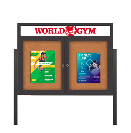 Freestanding 2 Door Enclosed Outdoor Bulletin Boards 60" x 60" Lighted w Message Header on Posts