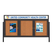Freestanding 3 Door Enclosed Outdoor Bulletin Boards 72" x 30" Lighted w Message Header on Posts