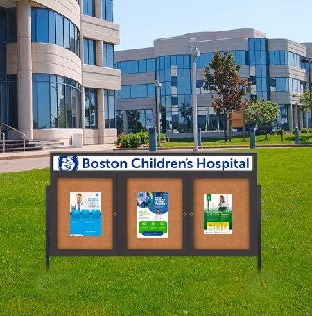 Freestanding 3 Door Enclosed Outdoor Bulletin Boards 84" x 30" Lighted w Message Header on Posts