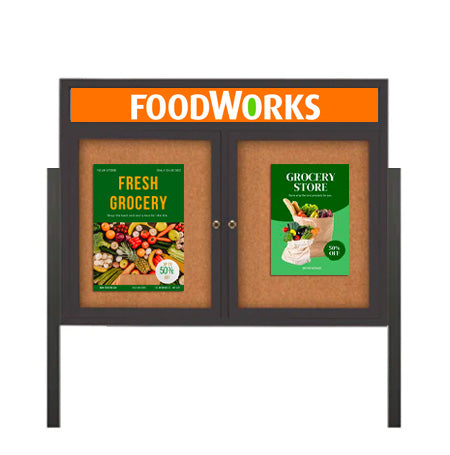 Freestanding 2 Door Enclosed Outdoor Bulletin Boards 84" x 30" Lighted w Message Header on Posts