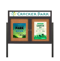 Freestanding 2 Door Enclosed Outdoor Bulletin Boards 96" x 30" Lighted w Message Header on Posts