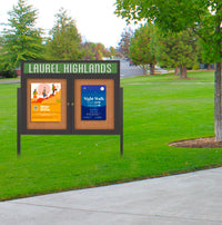 Freestanding 2 Door Enclosed Outdoor Bulletin Boards 96" x 30" Lighted w Message Header on Posts