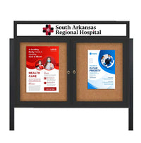 Outdoor Enclosed 40x40 Cork Bulletin Boards w Personalized HEADER (Radius Edge & Leg Posts) 2 DOORS