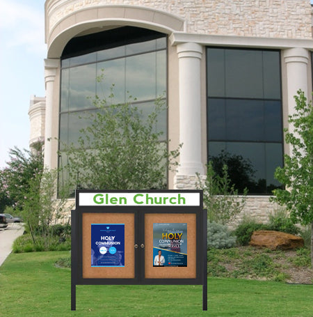 Outdoor Enclosed 72x30 Cork Bulletin Boards w Personalized HEADER (Radius Edge & Leg Posts) 2 DOORS