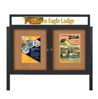 Free-Standing, Two Door 48x48 Outdoor Cork Bulletin Board with Personalized Message Header and Smooth Radius Edge Metal Cabinet