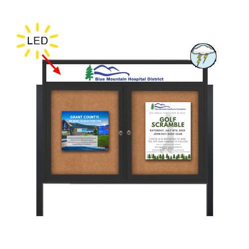 Outdoor Enclosed 60x30 Bulletin Cork Boards with ILLUMINATED HEADER (with Radius Edge & Leg Posts) (2 DOORS)