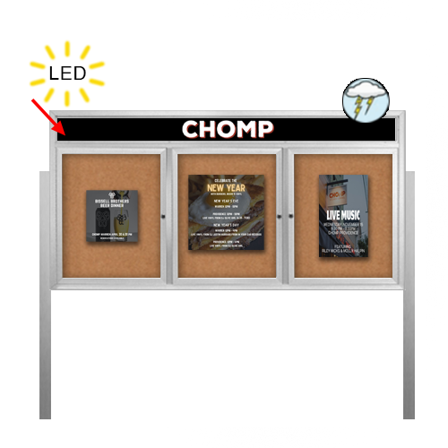 Outdoor Enclosed 96x30 Bulletin Cork Boards with ILLUMINATED HEADER (with Radius Edge & Leg Posts) (3 DOORS)