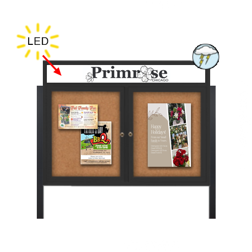 Outdoor Enclosed 96x30 Bulletin Cork Boards with ILLUMINATED HEADER (with Radius Edge & Leg Posts) (2 DOORS)