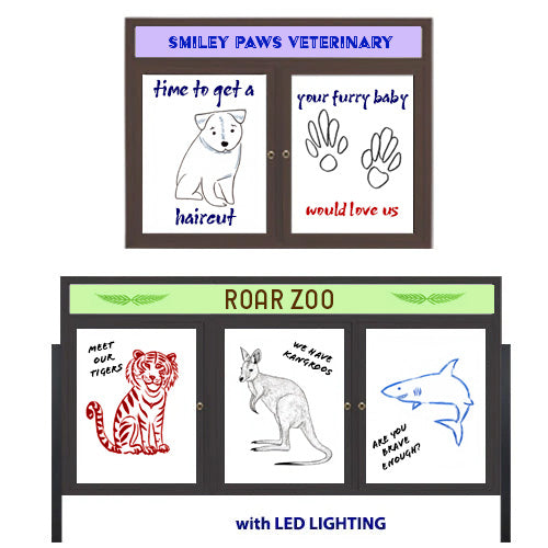 Enclosed Dry Erase Marker Board with Posts, Message Header, and LED Lighting (2 and 3 Doors), Magnetic, White Board, Porcelain-on-Steel Writing Surface, 35+ Sizes