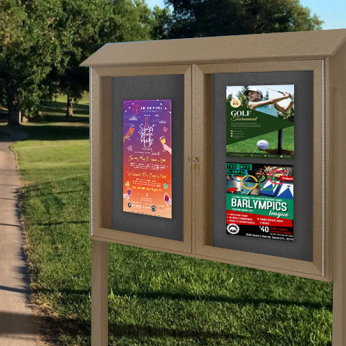 Outdoor Message Center Cork Bulletin Board 45" x 30" with Posts, All-Weather Info Board, Eco-Design Faux Wood 2-Door Cabinet